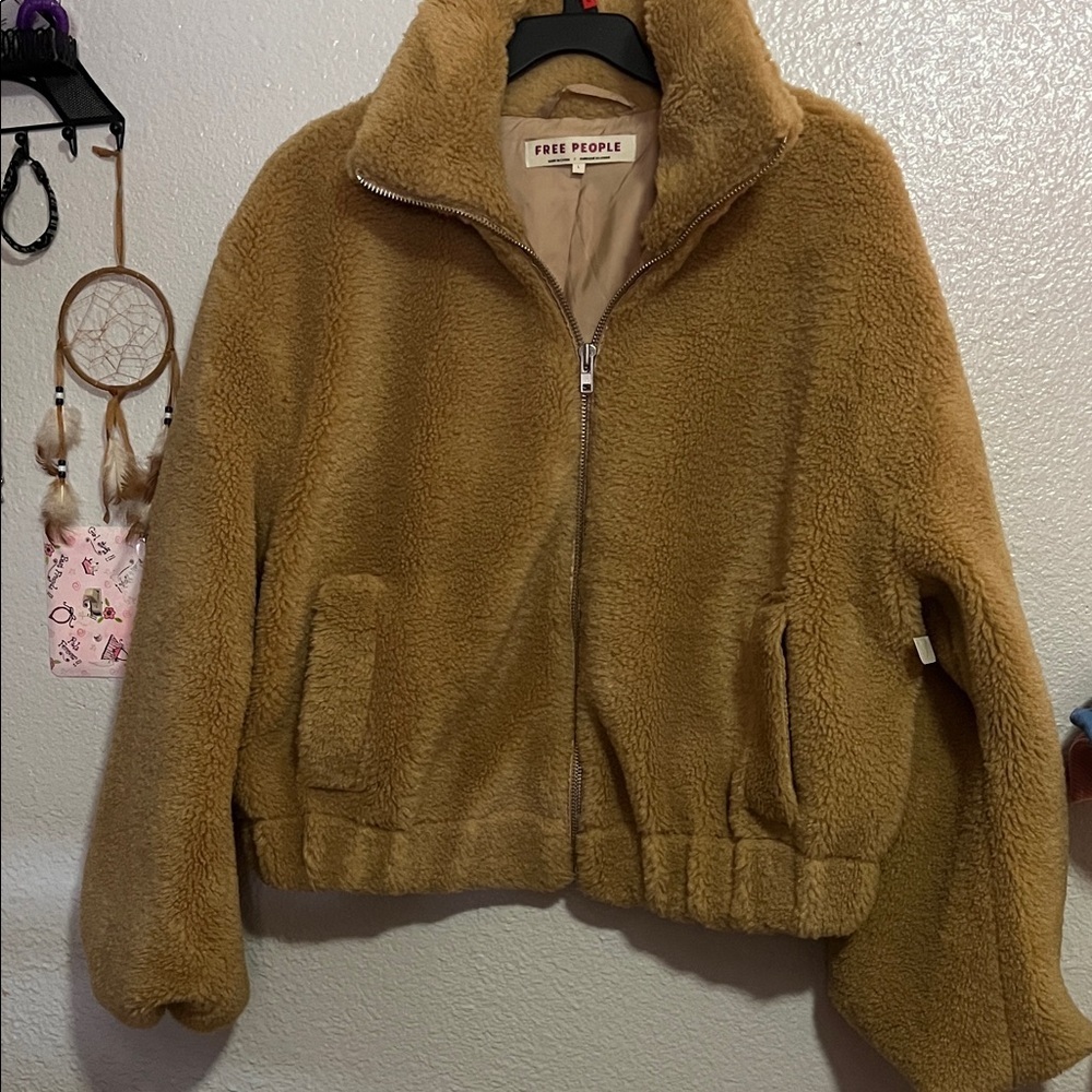Free People Get Cozy Fleece Jacket Women's Tan Camel Side Pockets Full Zip L